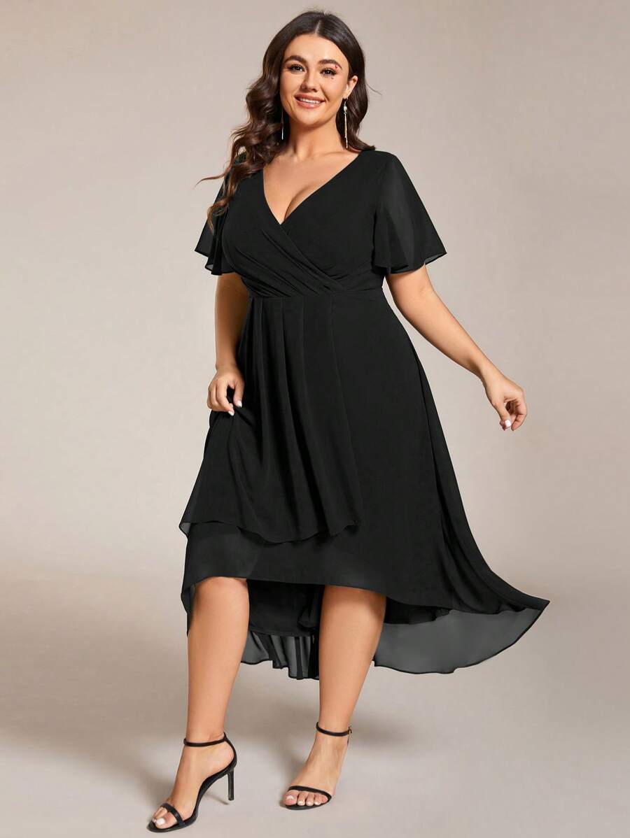 Plus Size Women Chiffon Ruffle Hem Solid Color Elegant High-Low Hem Bridesmaid Dress