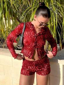 Sexy Mesh Semi-Sheer Floral Print Cardigan & Fitted Shorts Set With Long Sleeves - Red - View 1