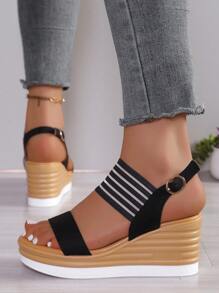 Strap Buckle Platform Wedge Sandals, Comfortable Thick Sole Open Toe High Heels - Black - View 5