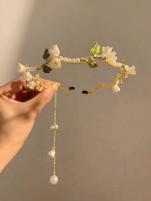 1pc Faux Pearl Lily-Of-The-Valley Flower Rhinestone Leaf Tassel Decoration Simple Women Headband,Hairband,Hair Hoop,Hair Accessories Headbands Head Accessories