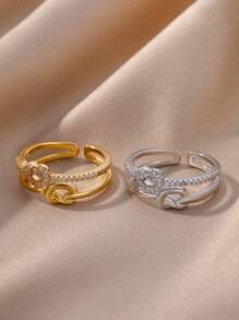 1 件精致双层结戒指女士 18K 镀金不锈钢开口可调节戒指订婚结婚珠宝时尚配饰情人节礼物