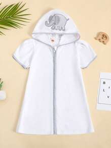 Kid Swim Coverups Bow/Elephant Embroidery Short Sleeve Hooded Robe Zip-Up Towel Beachwear - Grey - View 1