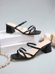 Women's Strappy High Heel Sandals, Sexy Black Thick Heel Square Toe Slip-On Dress Heels, Fashion High Heels For Wedding, Casual, Work - Black - View 2