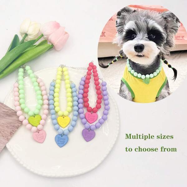 10mm Adjustable Beaded Pet Necklace, Multi-Size Candy Color Pearl Choker With Heart Pendant, Fashion Cat Dog Collar