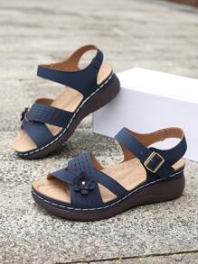 Dép quai vuông vàng trang trí hoa mùa hè mới cho nữ, thời trang thanh lịch, giản dị, thoải mái, thoáng khí, du lịch, bãi biển, dép đế xuồng đế dày hở mũi, thiết kế rỗng đan chéo - Xanh đậm - Xem 4