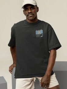 Oversized T-Shirt Turtleneck Unisex Streetwear 100% Cotton Urban Style Workout Casual Black And Off Whte Printed - 黑色 - 查看 2