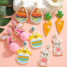 1 对可爱米珠复活节彩蛋耳环、米珠粉红兔子毛绒耳环、米珠萝卜耳环、米珠孵化小鸡耳环，适合女性在复活节佩戴 - 復活節 - 查看 2