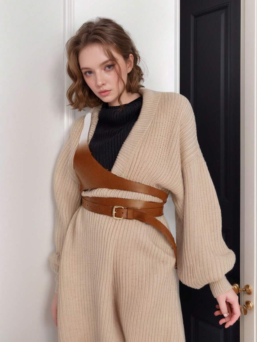Cinturón de mujer de moda casual de piel sintética, diseño minimalista de un solo hombro en color marrón, adecuado como accesorio para atuendos de negocios y casuales, estilo "Ins"