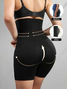 女士高腰塑身收腹短裤内裤带扣塑身瘦身紧身平腹提臀提臀塑身腰部束腿控制内衣 - 黑色 - 查看 6