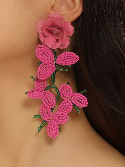 波西米亚手工编织米珠花流苏耳环女士珠宝、花朵、饰物穿孔、耳环配饰、波西米亚。