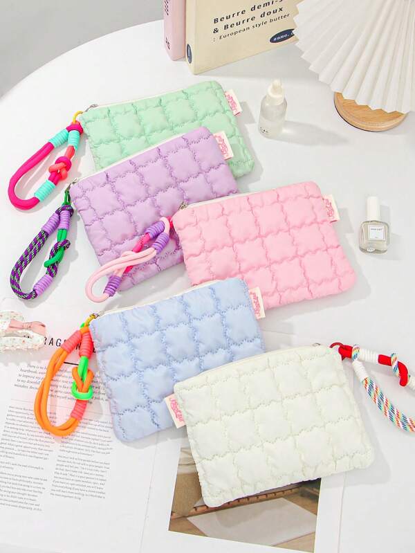 1Piece Quilted Clutch Cosmetic Bag Marcon Makeup Bag With Wrist Strap Travel Toiletry Bag Zipper Storage Bag Travel Makeup Organizer Bag Multifunctional Cosmetic Brushes Storage Bag Wallet Portable Short Wallet Quilted Coin Purse Lightweight Fashion Money For Anniversary For Birthday Gift For Gift White-Collar Workers