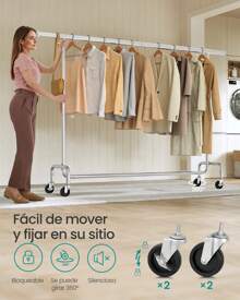 SONGMICS Burro Ropa con Ruedas, Perchero Burro Extensible con Carga Pesada, Capacidad de Carga de 110 kg, 45 x (160-200) x 162,9 cm, Fácil de Montar, Portátil, Negro Mate/Plata - Plateado - Ver 4