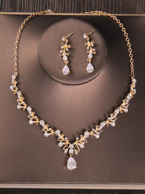 3pcs Zinc Alloy CZ Bride Jewelry Set: 1pc Necklace & 2pcs Earrings, Fashionable Water Drop Pendant, Luxury Elegant Set For Party, Anniversary