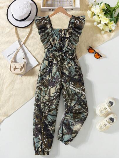 Frühlings-/Sommer-Jumpsuit im lässigen, kühlen Stil für Mädchen, mit TarnMuster, gerüschtem Kragen, halb offenem genieteten Gürtel-Verschluss in der Taille, Passform-Taschen, gerippte Knöchel, geeignet für Mädchen Alltagsoutfit im lässig-coolen Stil