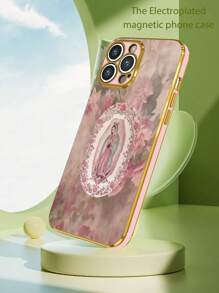 1pc 6D Electroplated Pink TPU Retro Virgin Mary Pattern Shockproof Phone Case Compatible With IPhone, Galaxy, Redmi, OPPO Phones, Compatible With IPhone 15 PRO MAX, IPhone 16 Pro Max, Galaxy A05, A54 5G, A52, A52s 5G, S21 FE 5G, S23 Ultra, S24 Ultra 5G, Poco X5 Pro Waterproof Anti-Fall Scratch Resistant - Multicolor - View 4