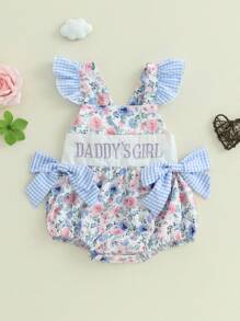 Baby Girls Romper Fly Sleeve Flower Print Embroidery Letters Bow Infant Bodysuit Summer Clothes - Màu xanh lam - Xem 2