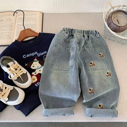 Young Boys' Embroidered Casual Jeans, Light Blue Carrot Pants Trousers, Spring 2025 New Collection,