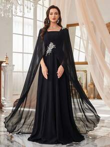 SUPGIR Đầm dạ hội trang trọng thanh lịch cổ vuông dài tay đính hạt sequin sang trọng eo hẹp cho nữ - màu đen - Xem 6