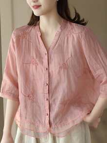 Retro Aesthetic Floral Embroidered Shirt, Organza Patchwork Design Casual Chic Blouse, Hobo Bohemian Style Floral Embroidered Elegant Top, Simple Daily Vintage Botanical Embroidery Shirt, Holiday Short Sleeve Top - Pink - View 6