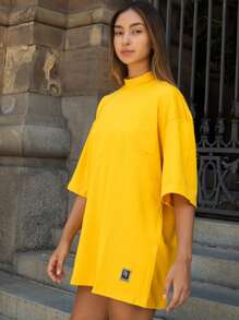 Oversized Plain Turtleneck Basic Streetwear T-Shirt For Men Unisex - 黃色 - 查看 4
