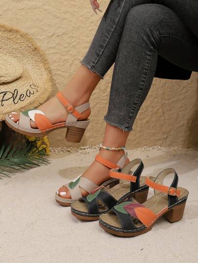 女士复古凉鞋，可调节扣环，多色叶子拼接，拼色装饰露趾，街头风格优雅，夏季沙滩鞋，镂空透气轻便舒适高跟鞋