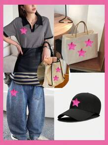 6pcs Fuchsia Sequin 5-Pointed Star Patches, Cartoon Style Embroidery Sew-On Appliques, DIY Craft, Applicable To Clothing, Shoes, Hats, Bags, Etc. - Hot Pink - View 6