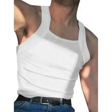 قميص رجالي كاجوال بدون أكمام ضيق ، قماش مُنفّس وسريع الجفاف ومُقاوم للرطوبة، مثالي للأنشطة الخارجية في الطقس الحار - أبيض - مشاهدة 3