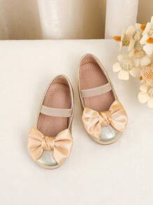 1 Pair Baby Solid Color Bow Design Shoes, Glitter Fabric With Elastic Strap, Soft Comfortable Soles, Suitable For Toddlers All Season - Gold - View 2