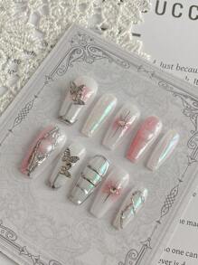 10 件按压式长指甲、四季美甲、假指甲、Y2k 美甲 DIY 融合银轨银四角粉色渐变图案设计黑色指甲金属蝴蝶指甲配件粉色指甲可拆卸可重复使用指甲用品、指甲粉、指甲亮粉适合女孩、女士用于婚礼、舞会、派对、定制指甲；自定义文字；自定义图像。 - 粉色 - 查看 3