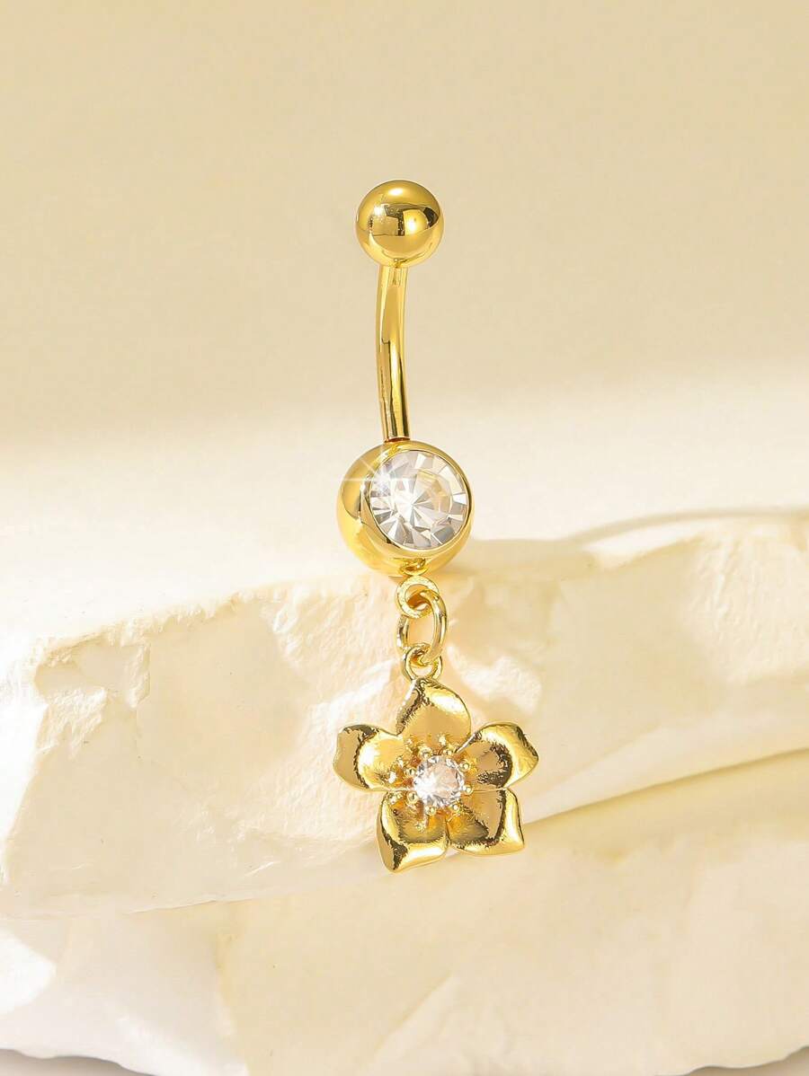 1pc Elegant Gold Flower Stainless Steel Navel Ring, Suitable For Daily Wear By Women