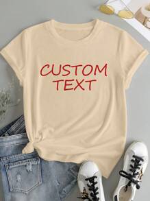 定制女士短袖T恤，可添加文字（名言/特殊句子/趣味短语/姓名/标语等），选择喜欢的颜色和字体，设计您独一无二的个性化印花T恤，时尚休闲，简约风格。个性化定制，独一无二。男装，胶囊衣橱，男士基础款/街头服饰。送给男友、家人、朋友的理想礼物，适合生日、度假/节日、学校/比赛、运动/攀岩等场合。 - 杏色 - 查看 3