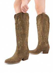 Womens Vintage Embroidered Western Boots Cowboy Knee High Boots Comfortable Pull On Side Zipper Chunky Heel Cowgirl  Retro Tall Boots - 摩卡棕 - 查看 2