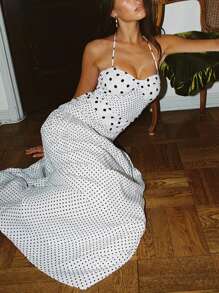 Polka Dot Splice Asymmetrical Neck Tie Backless A-Line Dress For Summer Holiday - White - View 4