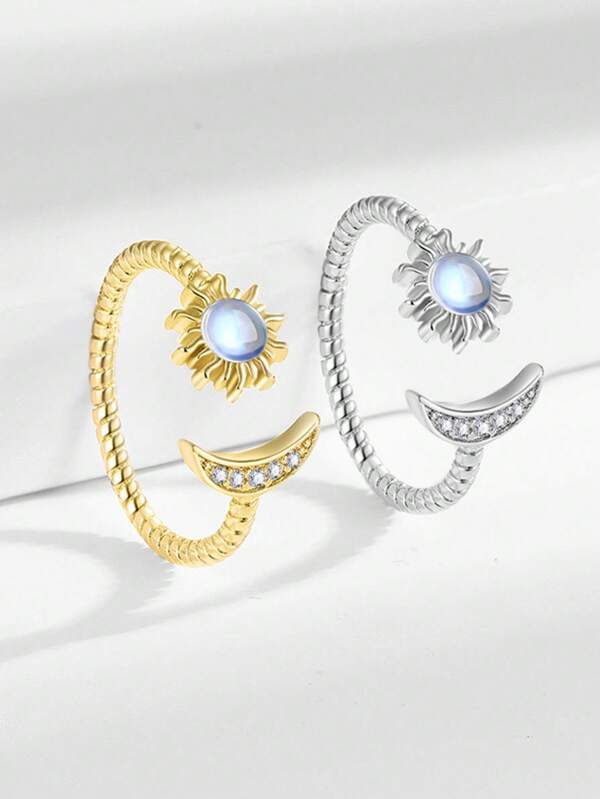 1pc Fashion Simple Elegant Copper Zirconia Moonstone Star Moon Decor Adjustable Open Ring, Suitable For Women Daily Wear And Evening Party, Gift