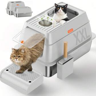 1 Set Caja de arena para gatos cerrada con pala recogedora, alfombrilla antideslizante, bolsa de carbón activado, caja de arena de acero inoxidable desmontable y fácil de limpiar