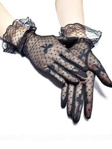 1只儿童手套 新款夏季蕾丝手套 黑色防晒提花蕾丝袖口甜美手套 假日演出手套 - 黑色 - 查看 6
