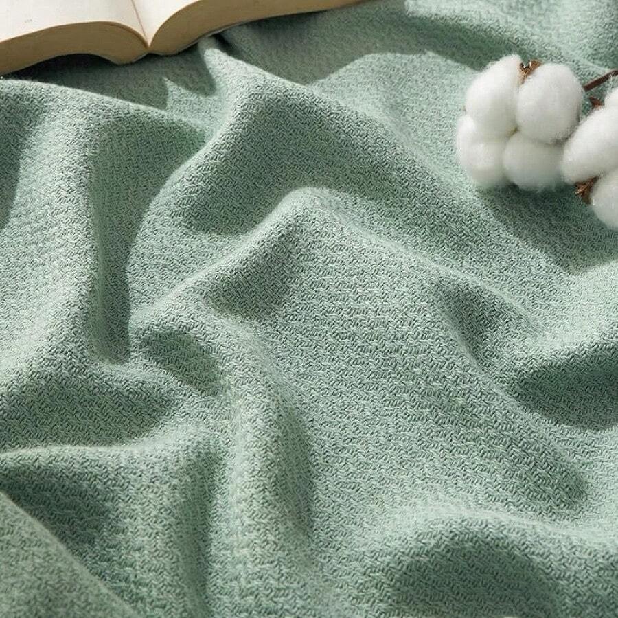 % Cotton Twin XL Size Bed Blanket - Breathable, Lightweight, Soft Cozy Herringbone Woven Summer Blanket College Dorm, White, 66x90 Inches - 03 - 鼠尾草綠 - 查看 1