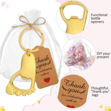Set Of 30 Gold/Silver Footed Keychain Bottle Openers With Sandbags, Twine, And Thank You Cards For Baby Shower For Guests To Reveal Gender And Party Preferences, Birthday Parties, Gifting Events, Valentine's Day Gifts, Kitchen And Bar Supplies, Party Favors