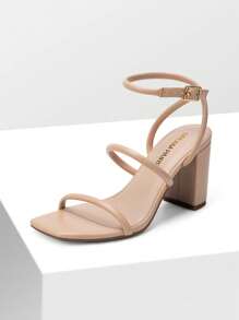 Women Chunky High Heeled Sandals Square Open Toe Rhinestone Decor Strappy Ankle Strap High Heeled Sandals For Wedding Party Valentine's Day - 杏色 - 查看 1