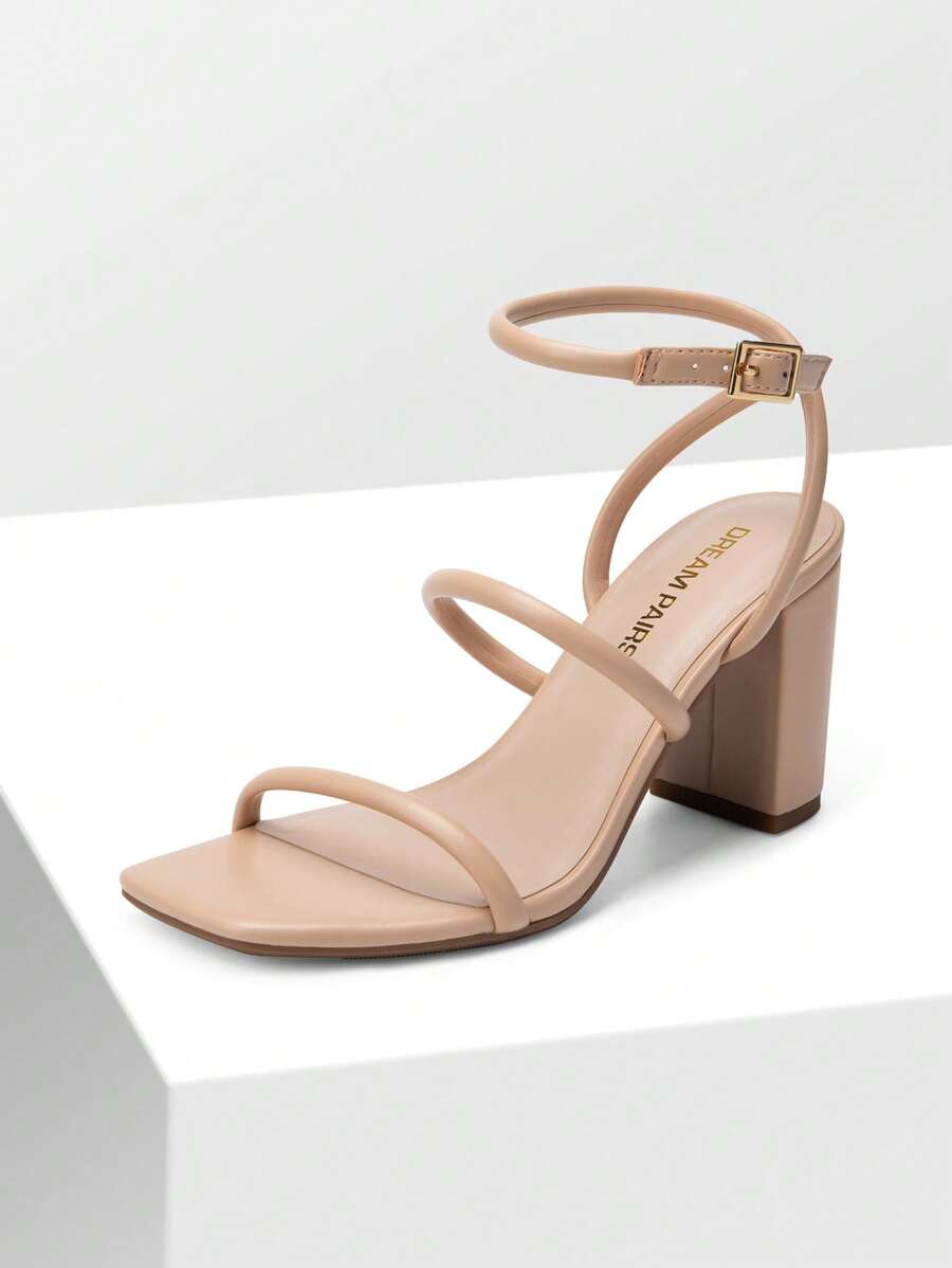 Women Chunky High Heeled Sandals Square Open Toe Rhinestone Decor Strappy Ankle Strap High Heeled Sandals For Wedding Party Valentine's Day - 杏色 - 查看 1