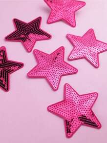 6pcs Fuchsia Sequin 5-Pointed Star Patches, Cartoon Style Embroidery Sew-On Appliques, DIY Craft, Applicable To Clothing, Shoes, Hats, Bags, Etc. - Hot Pink - View 5