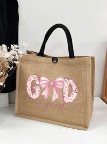 Khaki Tote Bag Two Pieces Set, Along With A Small Makeup Bag, "God" Letter Bow Zipper Women's Makeup Bag - Khaki - View 8