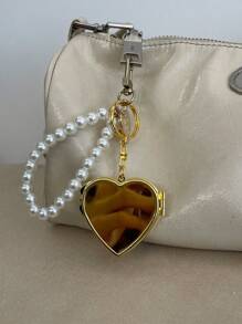 1个心形金属镜面钥匙扣，甜美时尚，可用作包包挂饰、伴娘礼物、Y2K风格配饰、钥匙链，海滩度假必备 - 金色 - 查看 4