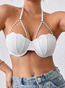 Bikini Tops For Women Halter Neck Pearled Shell Mermaid Bathing Suit Swim Tops Beach Swimwear - trắng - Xem 3