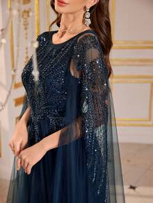 SUPGIR 女士圆领超长袖串珠亮片拼接窄腰蓬蓬裙网纱面料优雅晚礼服 - 藏蓝色 - 查看 5