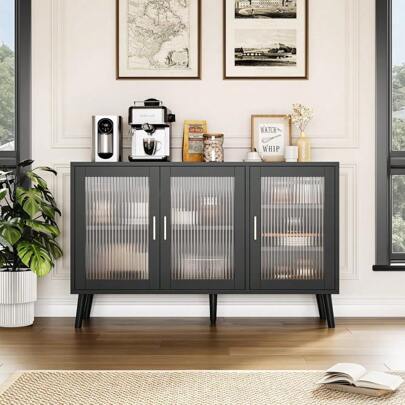 Buffet Cabinet With 3 Glass Door,TV Stand,48"X16"X32" Large Sideboard Cabinet With 3 Fluted Glass Doors,Storage Cabinet For Kitchen,Dinning Room,Hallway,Living Room,Adjustable Shelves,Black