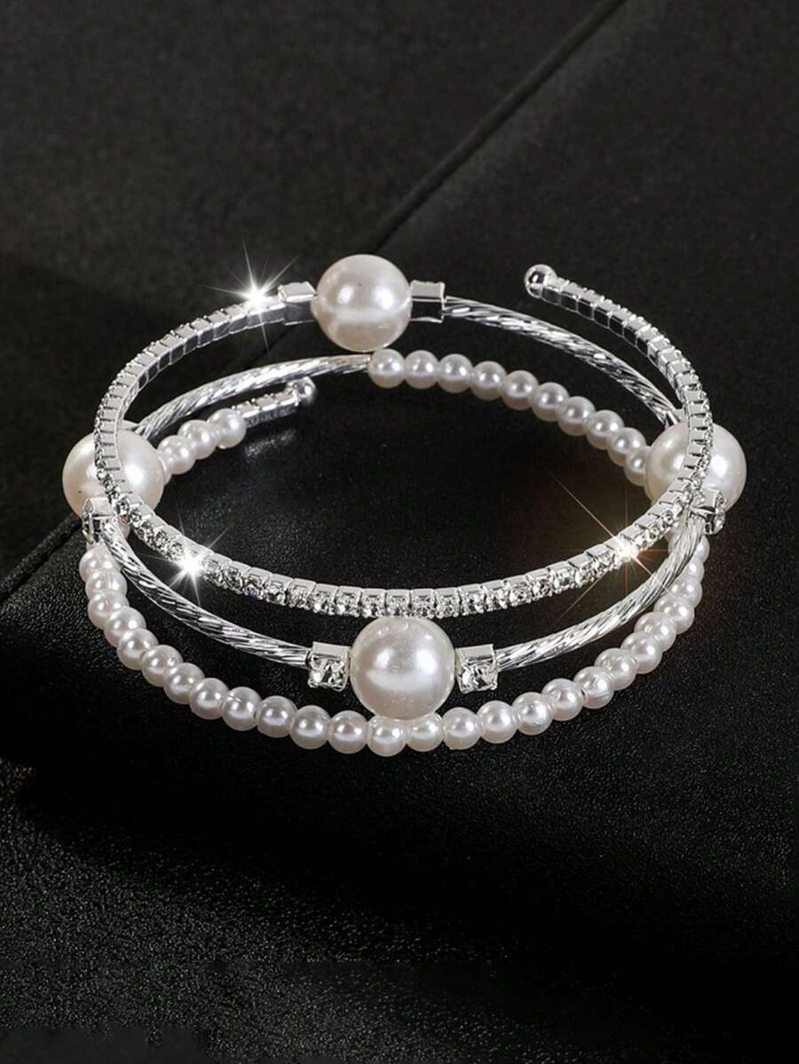 1pc Kids' Fashionable Pearl & Crystal Layered Wrap-Around Bracelet - Multicolor - View 1
