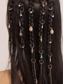 24pcs Fashion Simple Starfish & Shell Golden Braided Hair Clips & Rings Set, Suitable For Women Daily Wear, Holiday Gift - Multicolor - View 1