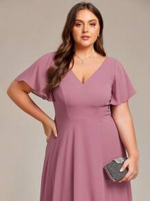 EVERPRETTY Plus Size Elegant High Low Flowing Chiffon V-Neck Ruffle Sleeves Bridesmaid Dress - Dusty Pink - View 4