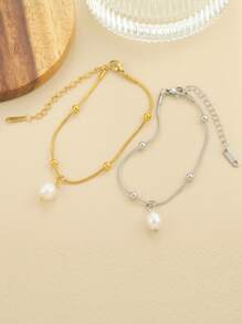 1 件百搭不对称淡水珍珠手链，串珠细节蛇形设计女士手链，理想的复活节礼物珠宝 - 不規則珍珠手鍊 - 查看 2